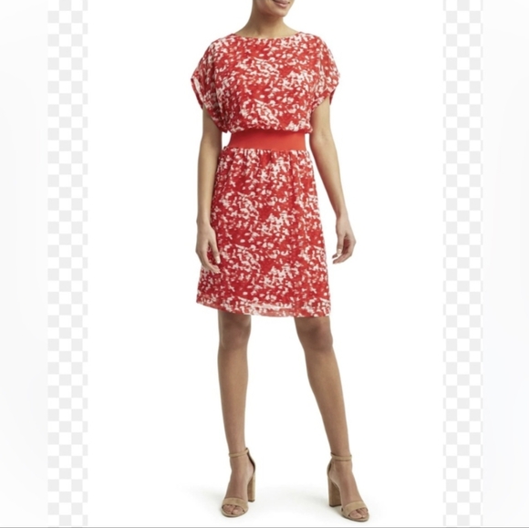 NWT H by Halston Coral Red Brush Stroke Dress Cap Sleeves Knee Length Sz. M - Picture 2 of 12